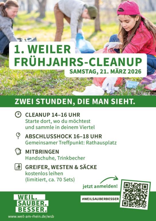 1. Weiler Frühjahrs-Cleanup am 21. März 2026. Cleanup von 14 bis 16 Uhr, Abschlusshock am Rathausplatz von 16 bis 18 Uhr.